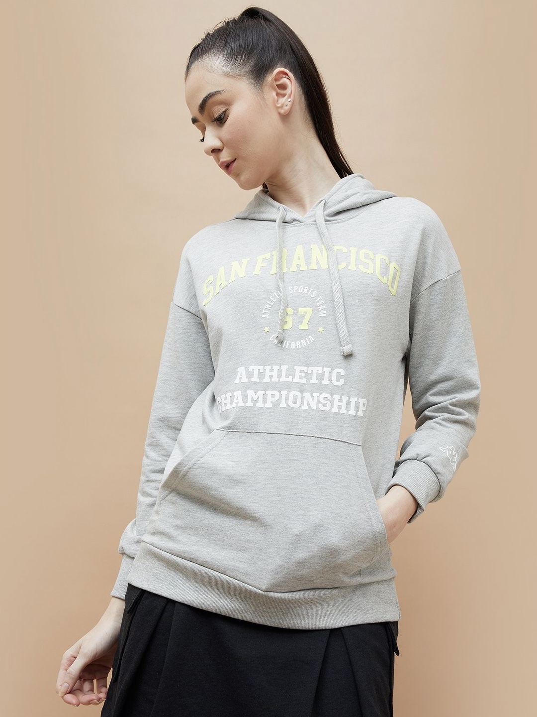

Kappa Women Typography Printed Hooded Cotton Sweatshirt, Grey