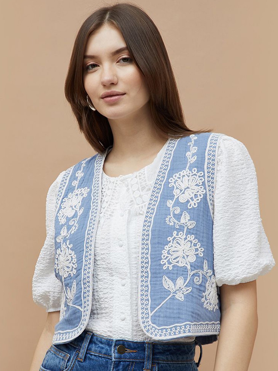 

Colour Me by Melange Women Collarless Floral Printed Cotton Casual Tailored Jacket, Blue