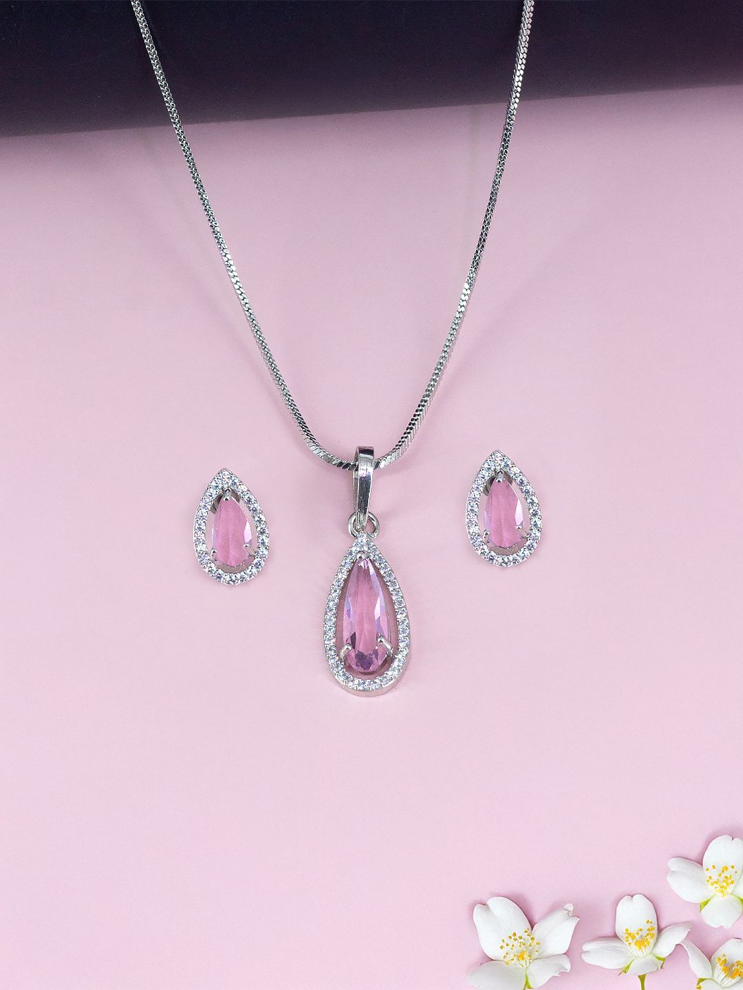 

PRIVIU Rhodium Plated American Diamond Jewellery Set, Silver