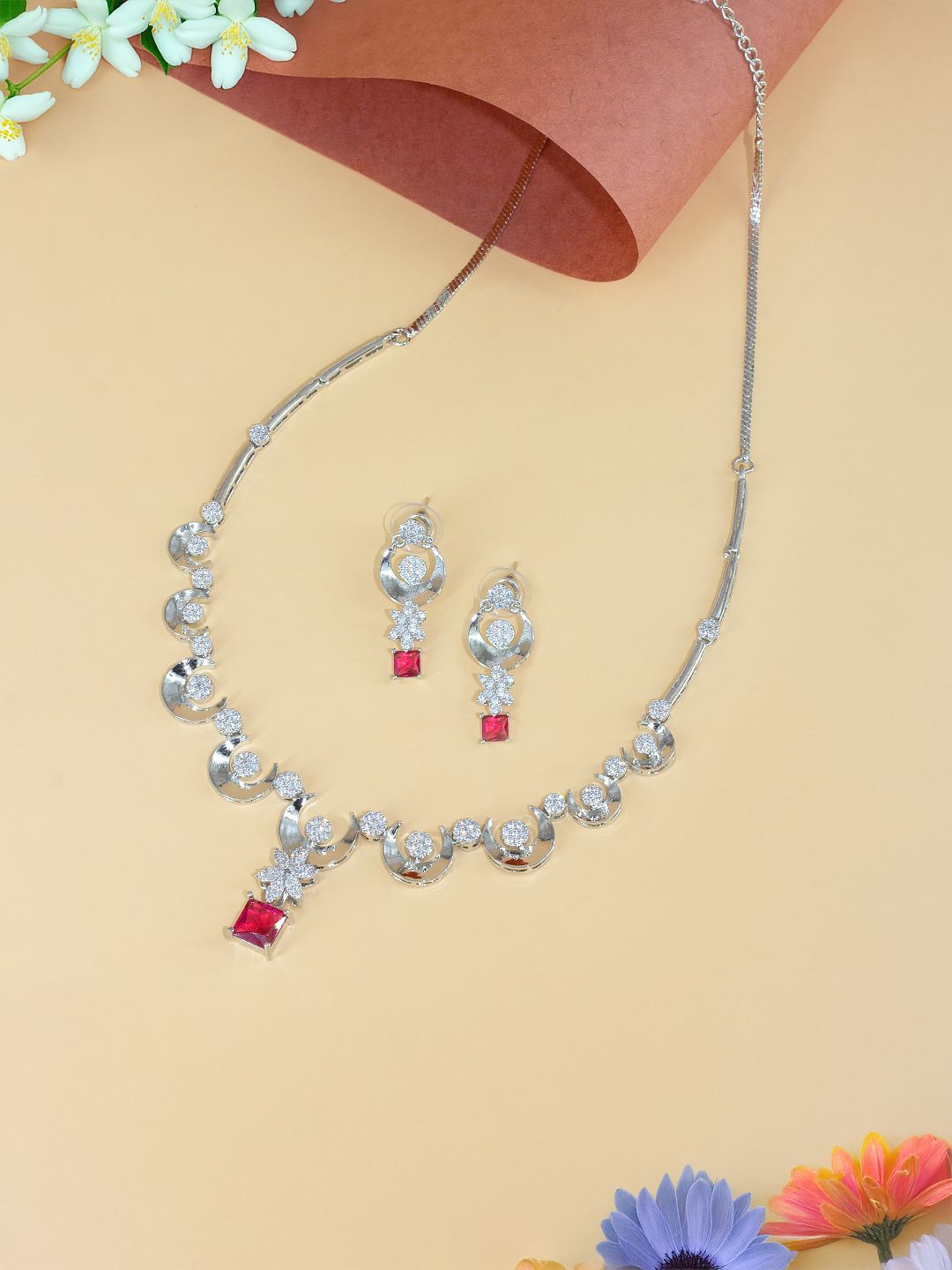 

PRIVIU Rhodium Plated American Diamond Studded Jewellery Set, Silver