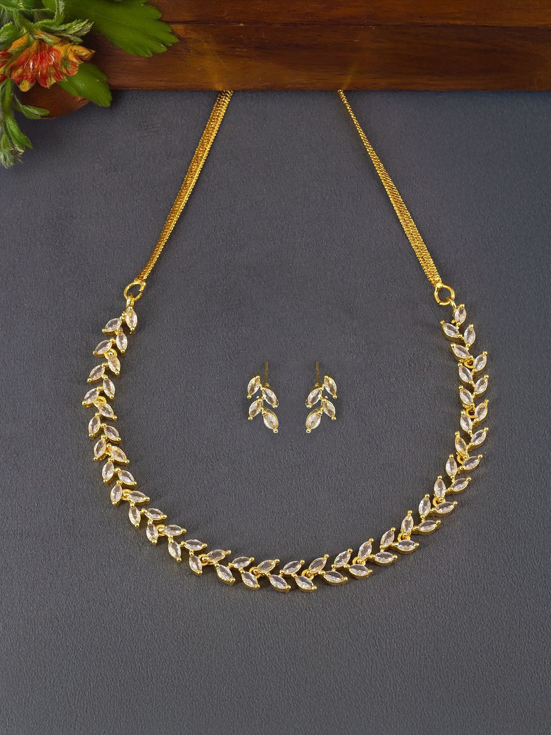 

PRIVIU Gold-Plated Leaf American Diamond Stone Studded Jewellery Set