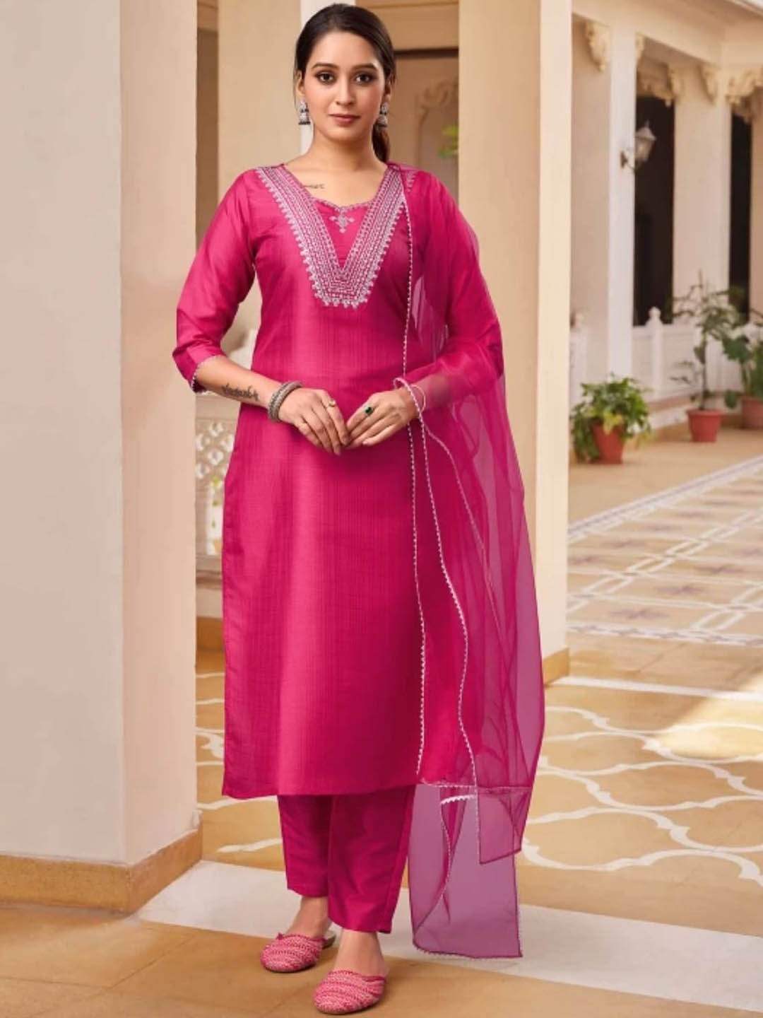 

Ethnic 3 You Sequined Embellished V-Neck Pure Cotton Kurta With Trouser And Dupatta, Pink