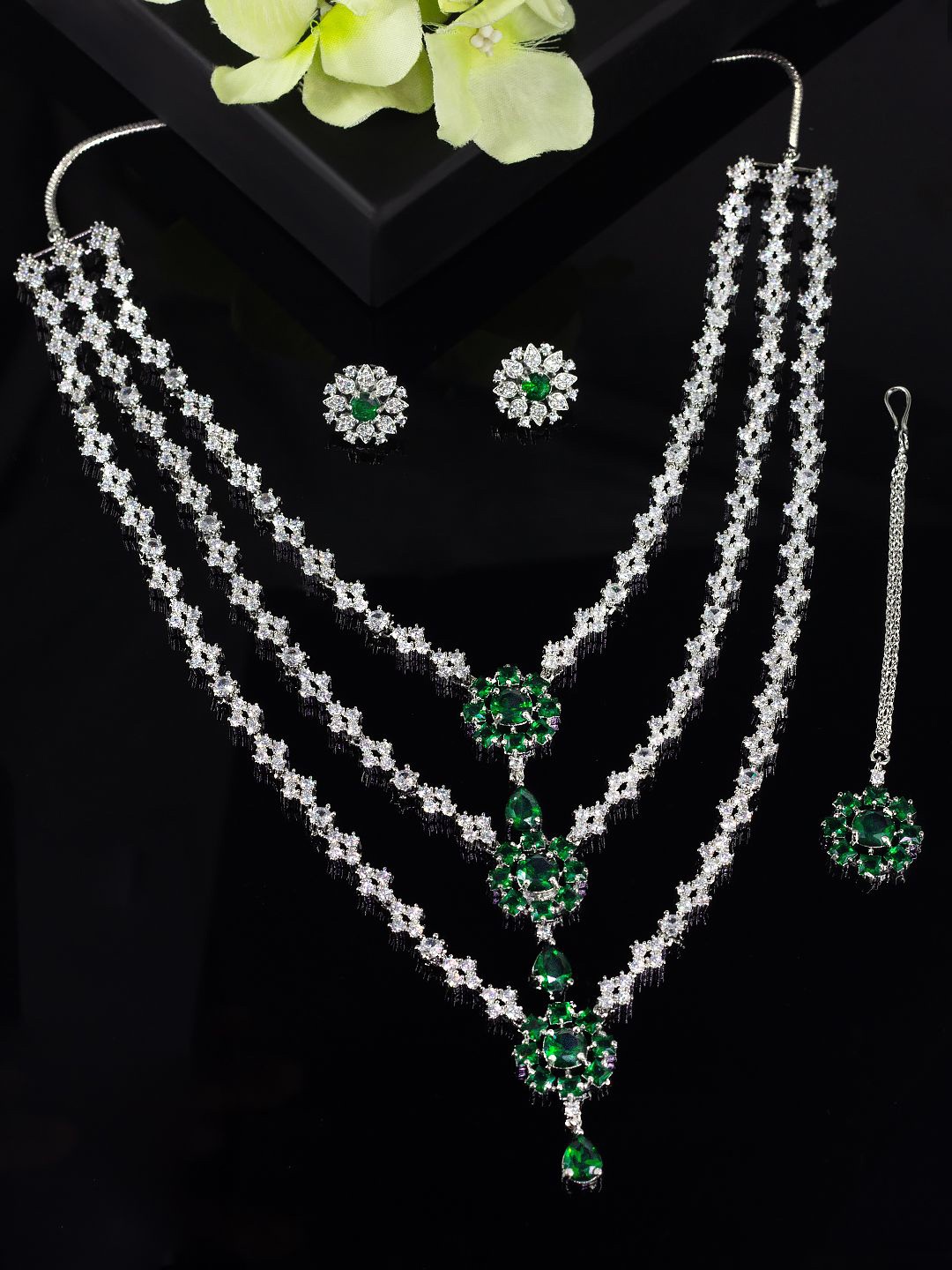 

PRIVIU Rhodium Plated American Diamond Studded Three Layered Jewellery Set, Silver