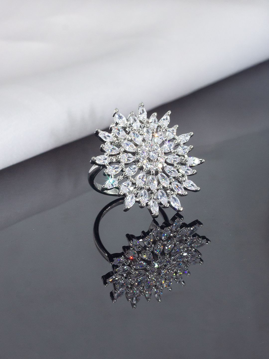 

PRIVIU Rhodium-Plated Floral American Diamond Stone-Studded Adjustable Finger Ring, Silver