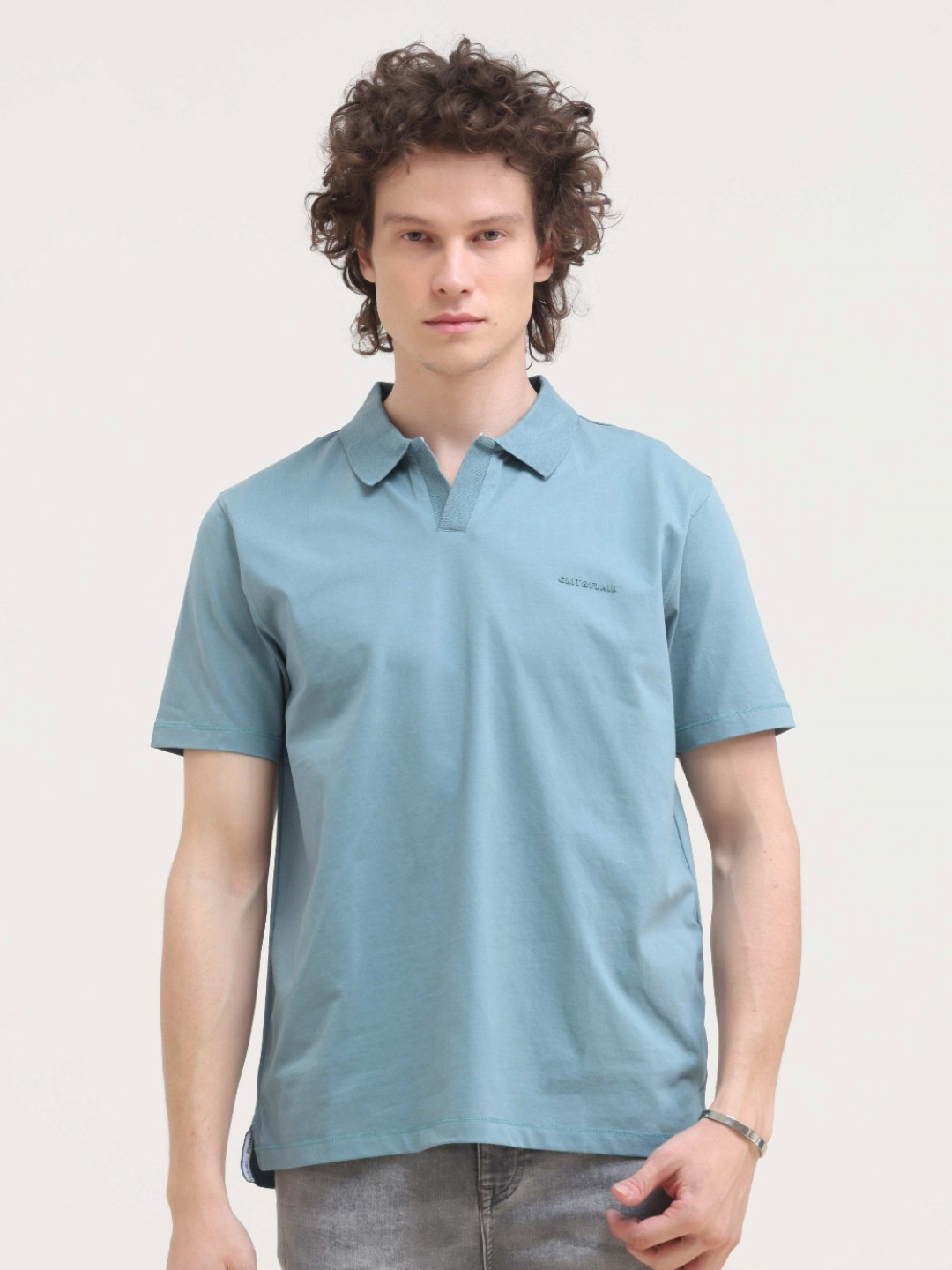 

Grit and Flair Men Solid Polo Collar Cotton Slim Fit T-shirt, Blue