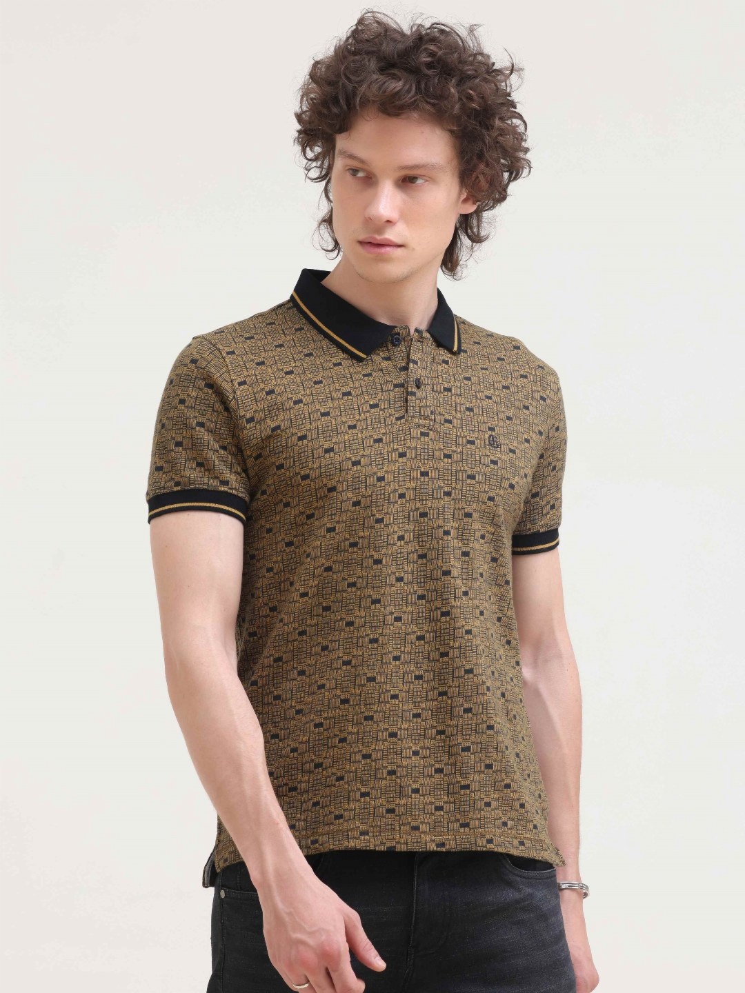 

Grit and Flair Men Geometric Printed Polo Collar Cotton Slim Fit T-shirt, Gold