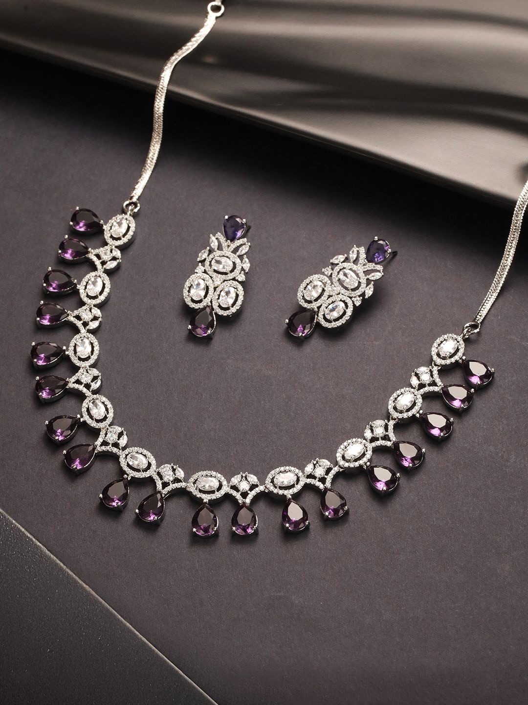 

Saraf RS Jewellery Rhodium-Plated American Diamond Studded Necklace & Earrings, Silver