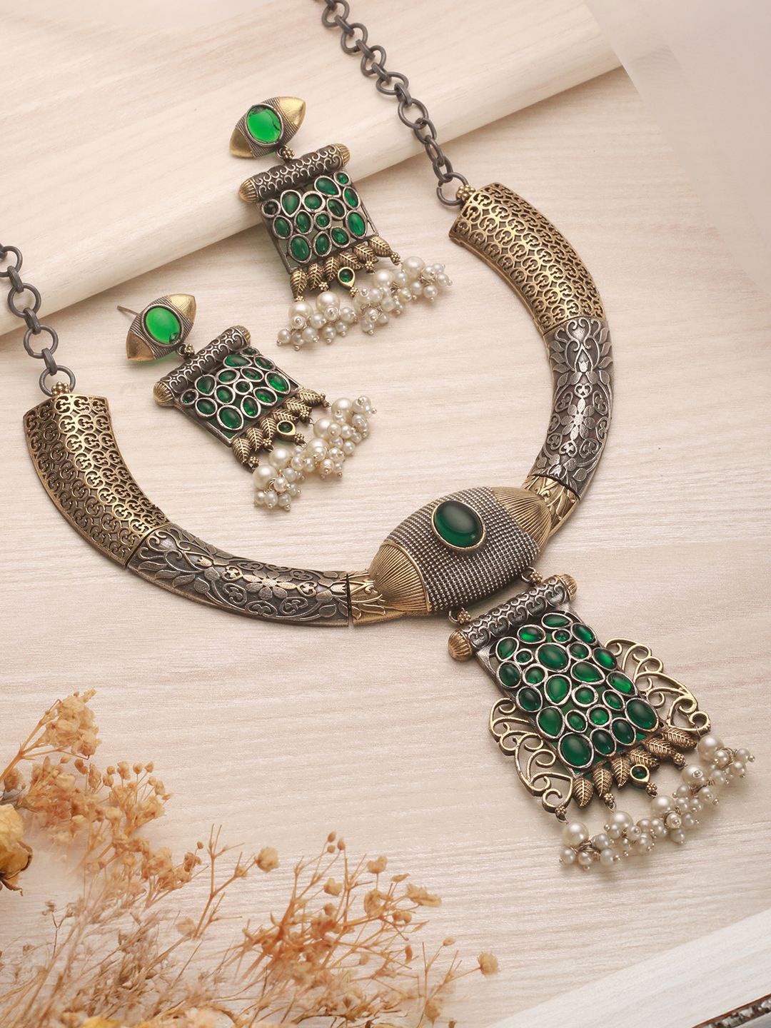 

Saraf RS Jewellery Dual-Toned AmericanDiamond & Pearl Beaded Tribal Oxidised Jewellery Set, Silver