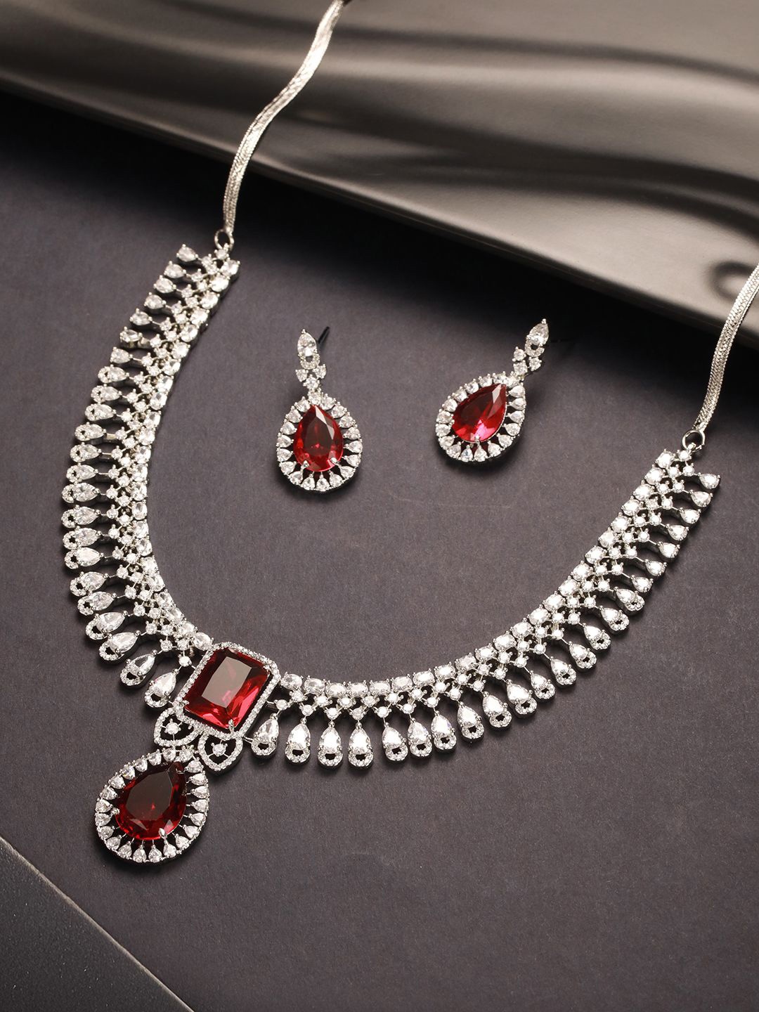 

Saraf RS Jewellery Rhodium-Plated AD Zircon Studded Jewellery Set, Silver