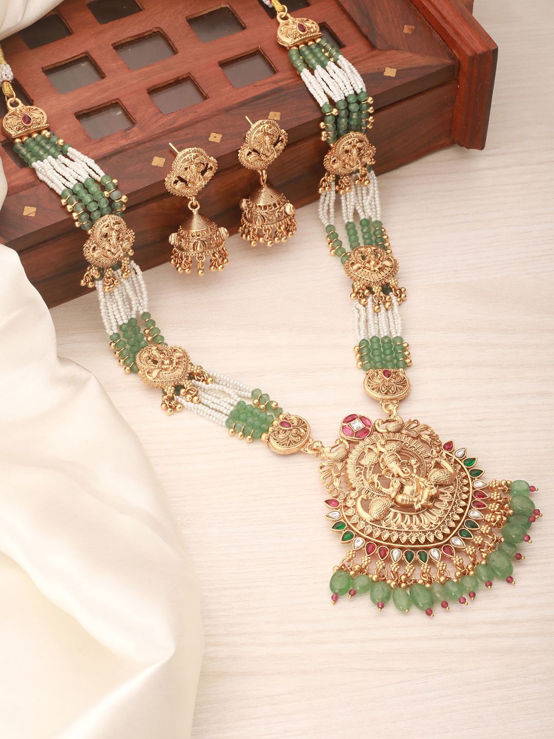 

Saraf RS Jewellery Gold-Plated Stone Studded Ganesha Motif Temple Necklace & Earrings