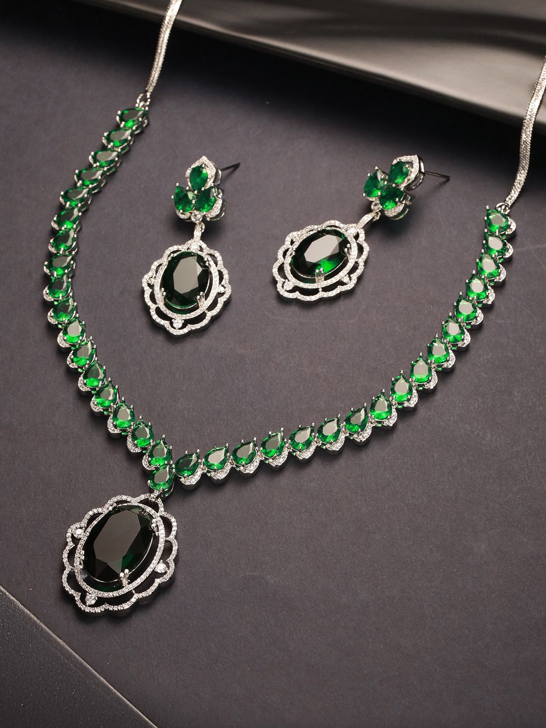 

Saraf RS Jewellery Rhodium-Plated CZ Studded Emerald Necklace & Earrings, Silver