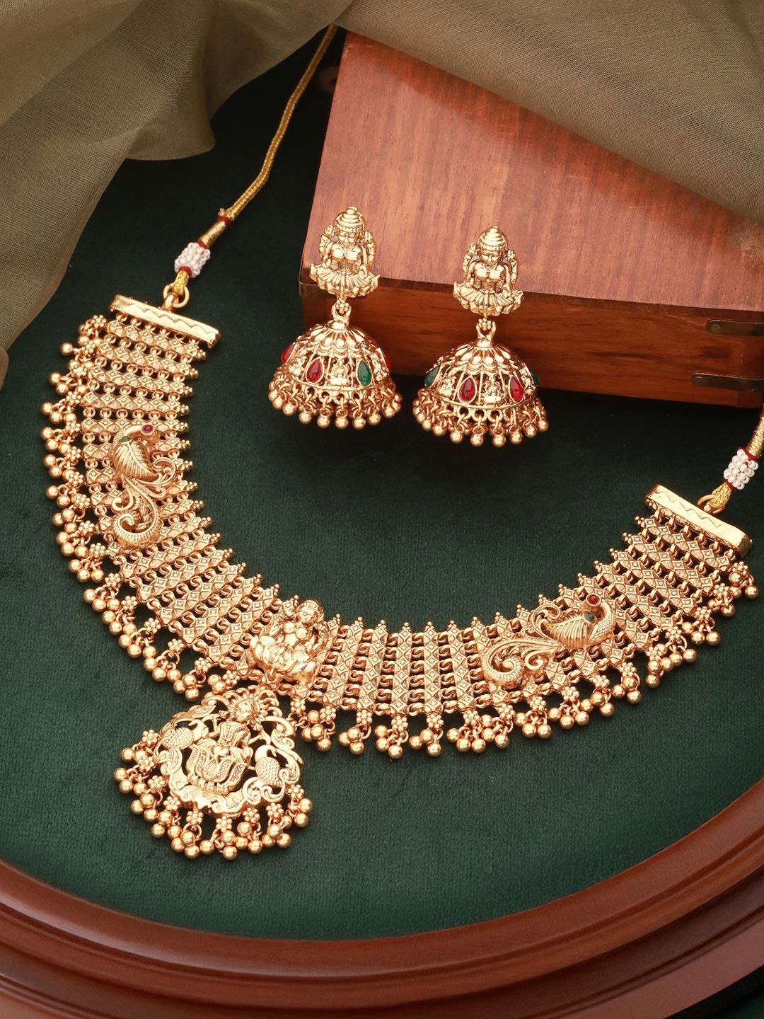 

Saraf RS Jewellery Gold-Plated Lakshmi Motif Temple AD Studded Jewellery Set