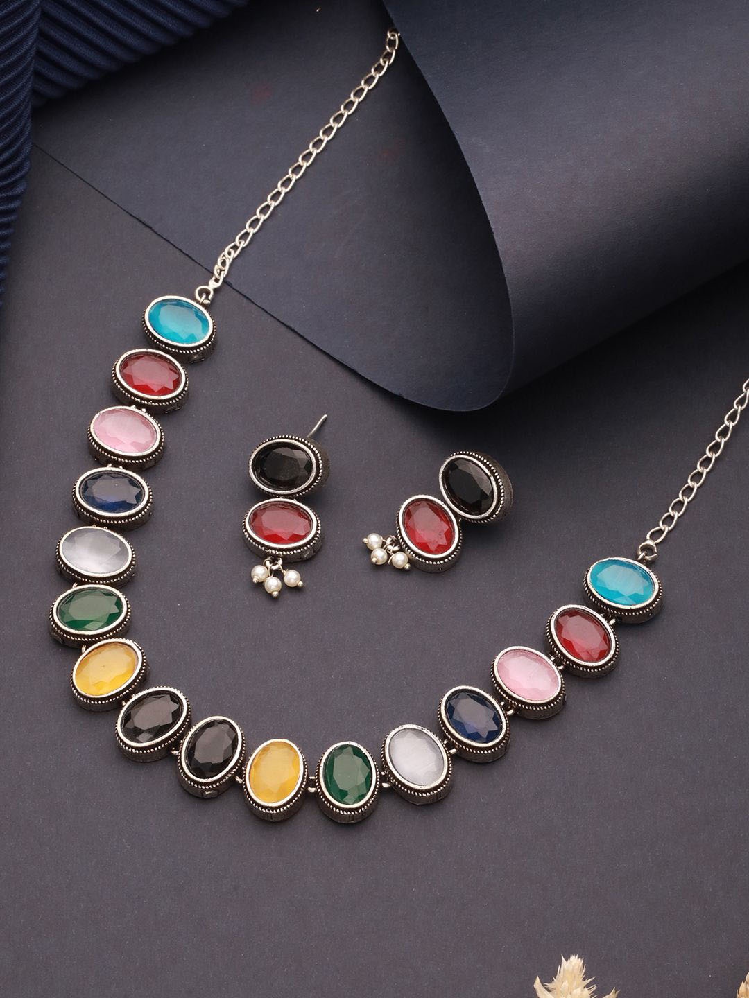 

Saraf RS Jewellery Rhodium-Plated Stone Studded Oxidised Jewellery Set, Silver