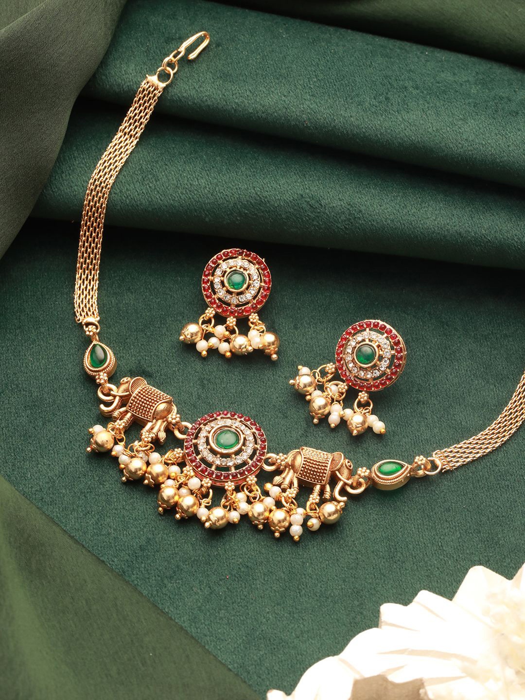 

Saraf RS Jewellery Gold-Plated Stone Studded & Beaded Elepahant Shaped Jewellery Set