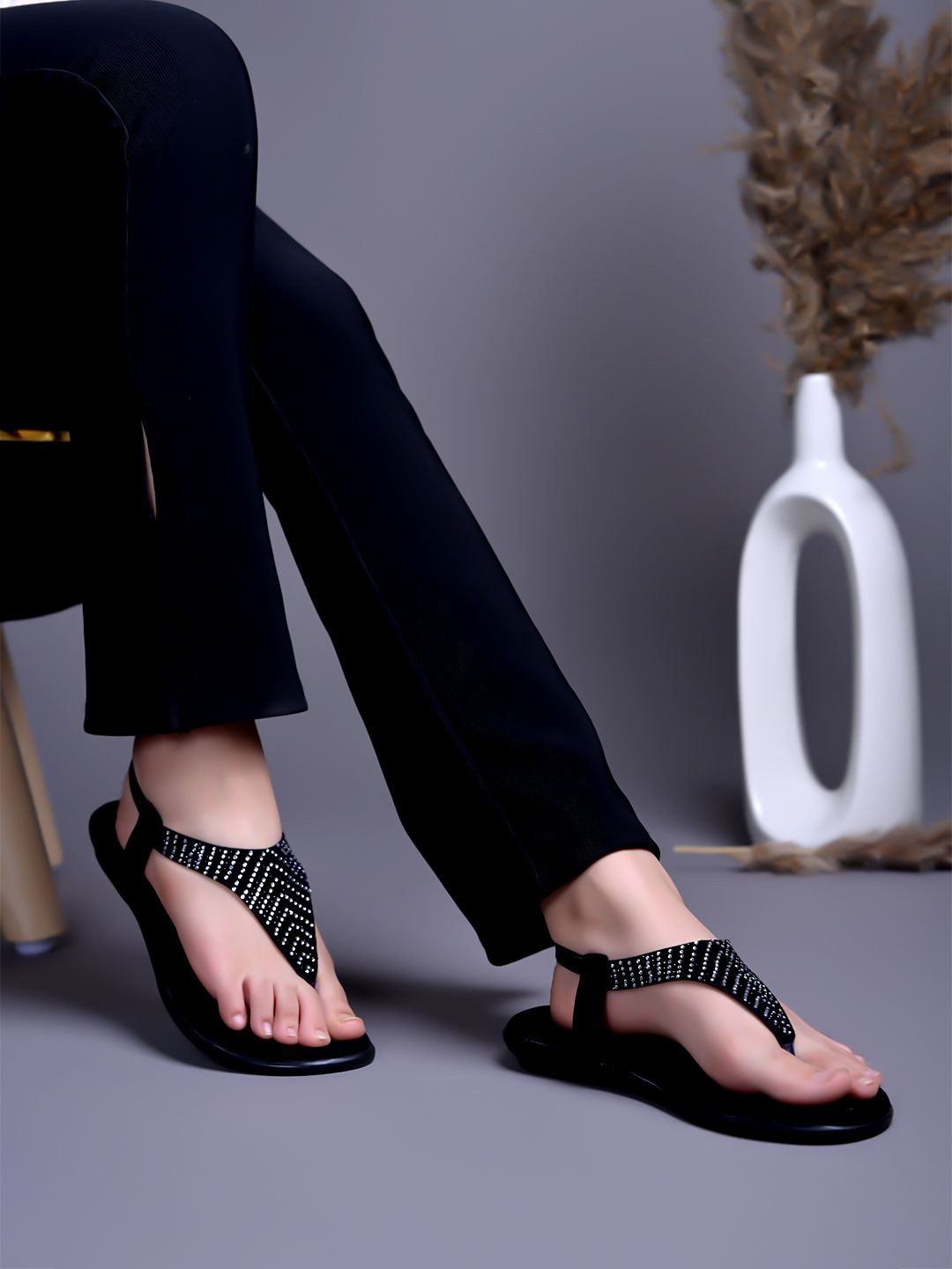 

Shoetopia Women Embellished T-Strap Flats, Black