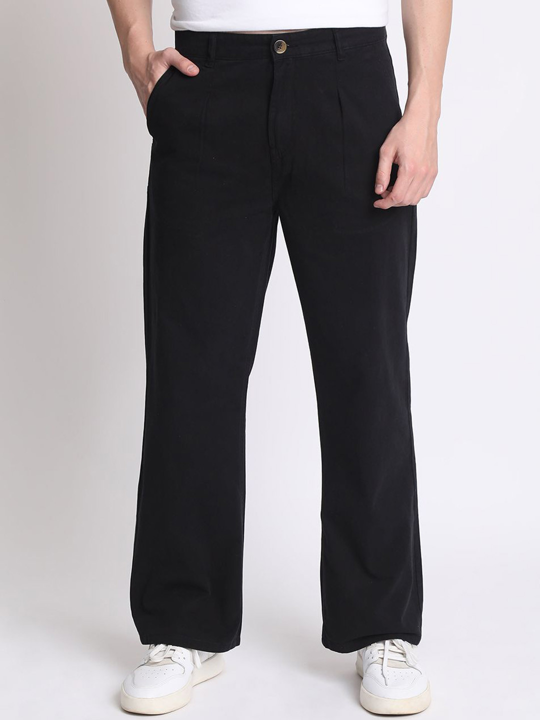 

The Roadster Lifestyle Co Men Wide Leg Cotton Chinos Trousers, Black