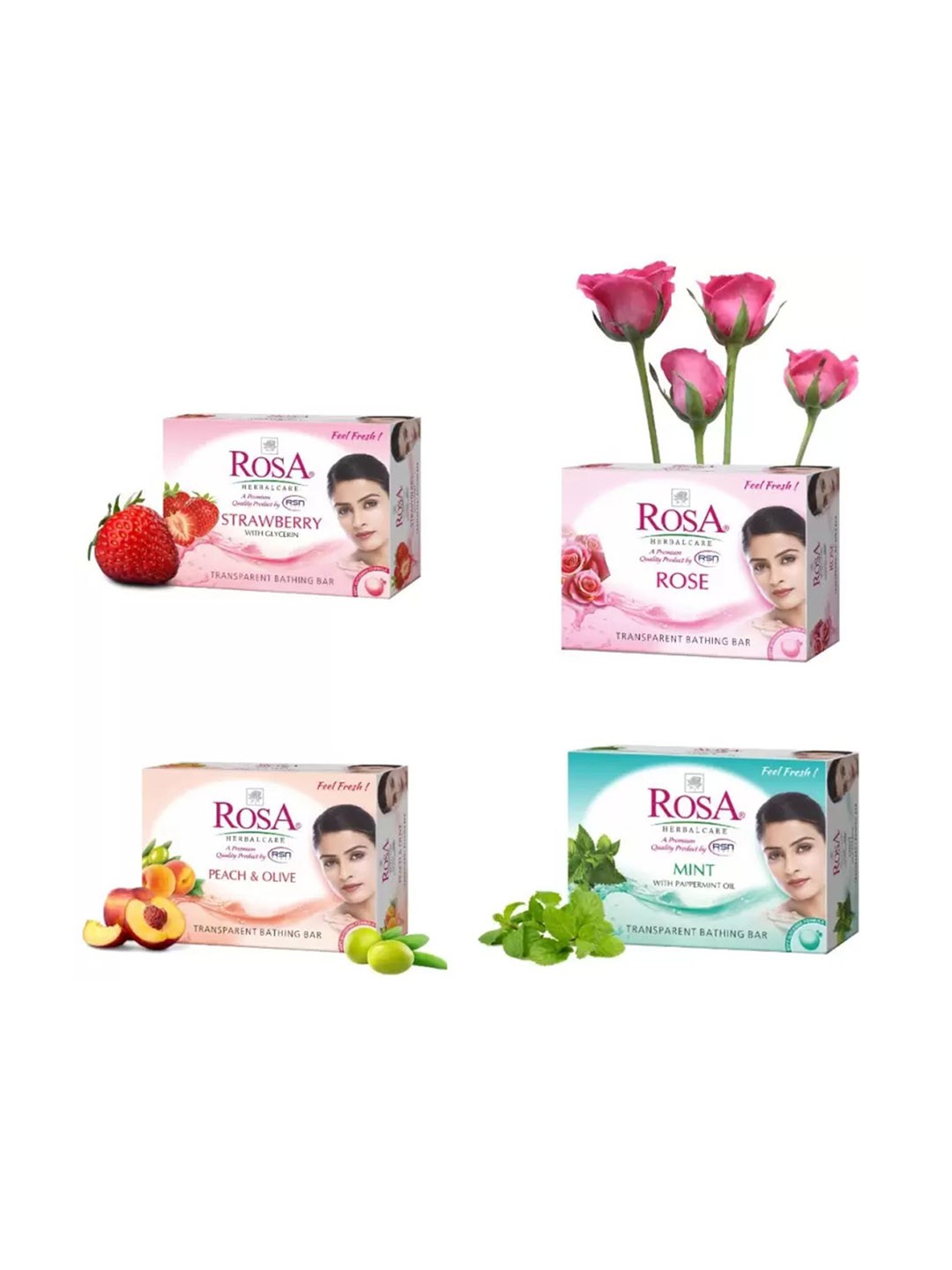 

ROSA Set of 4 Gel Nourishing Soaps 100 g each - Strawberry + Rose + Mint + Peach & Olive, Pink