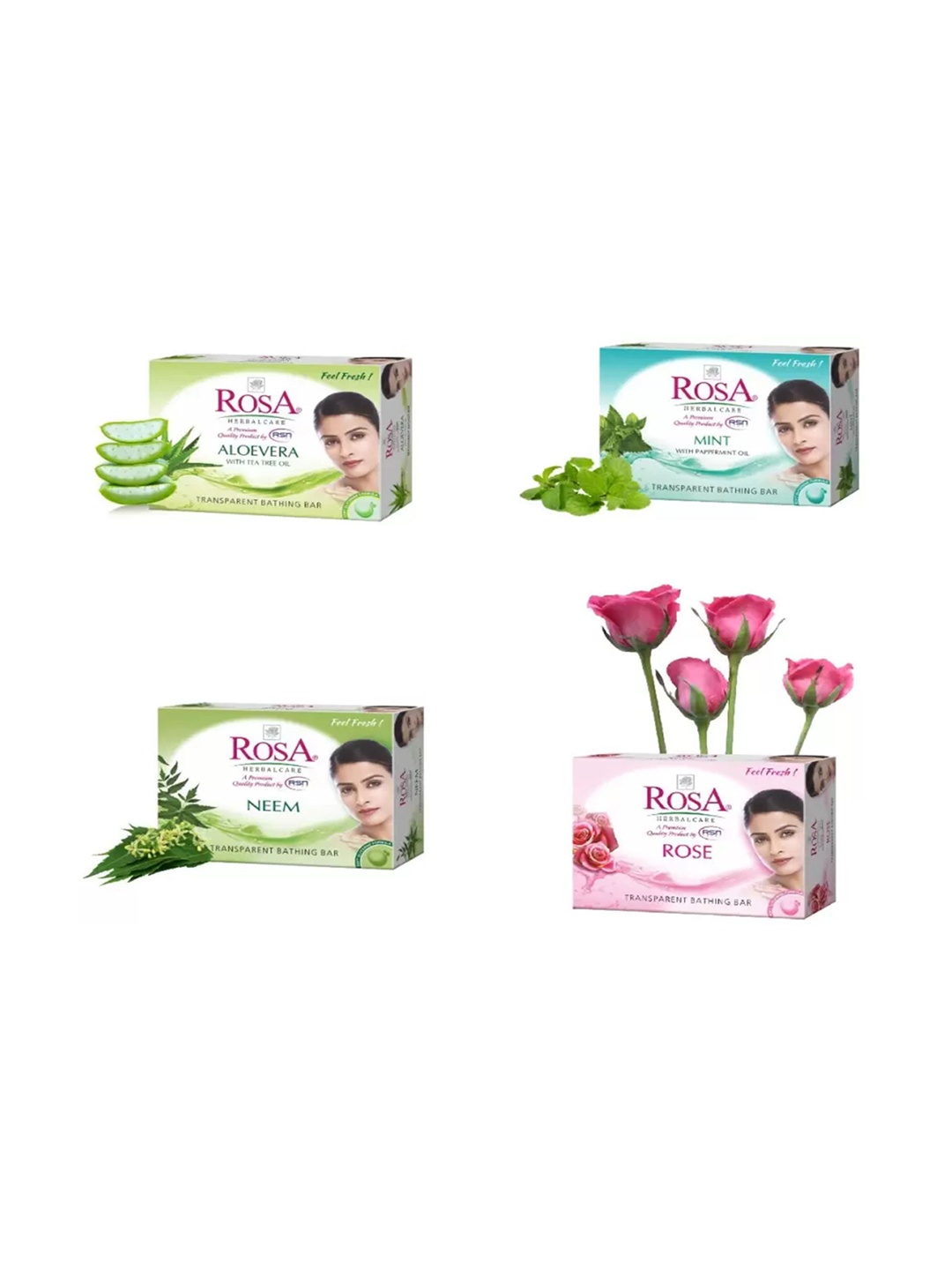 

ROSA Set of 4 Transparent Gel Nourishing Soaps 100 g each - Rose + Mint + Neem + Aloevera, Sea green