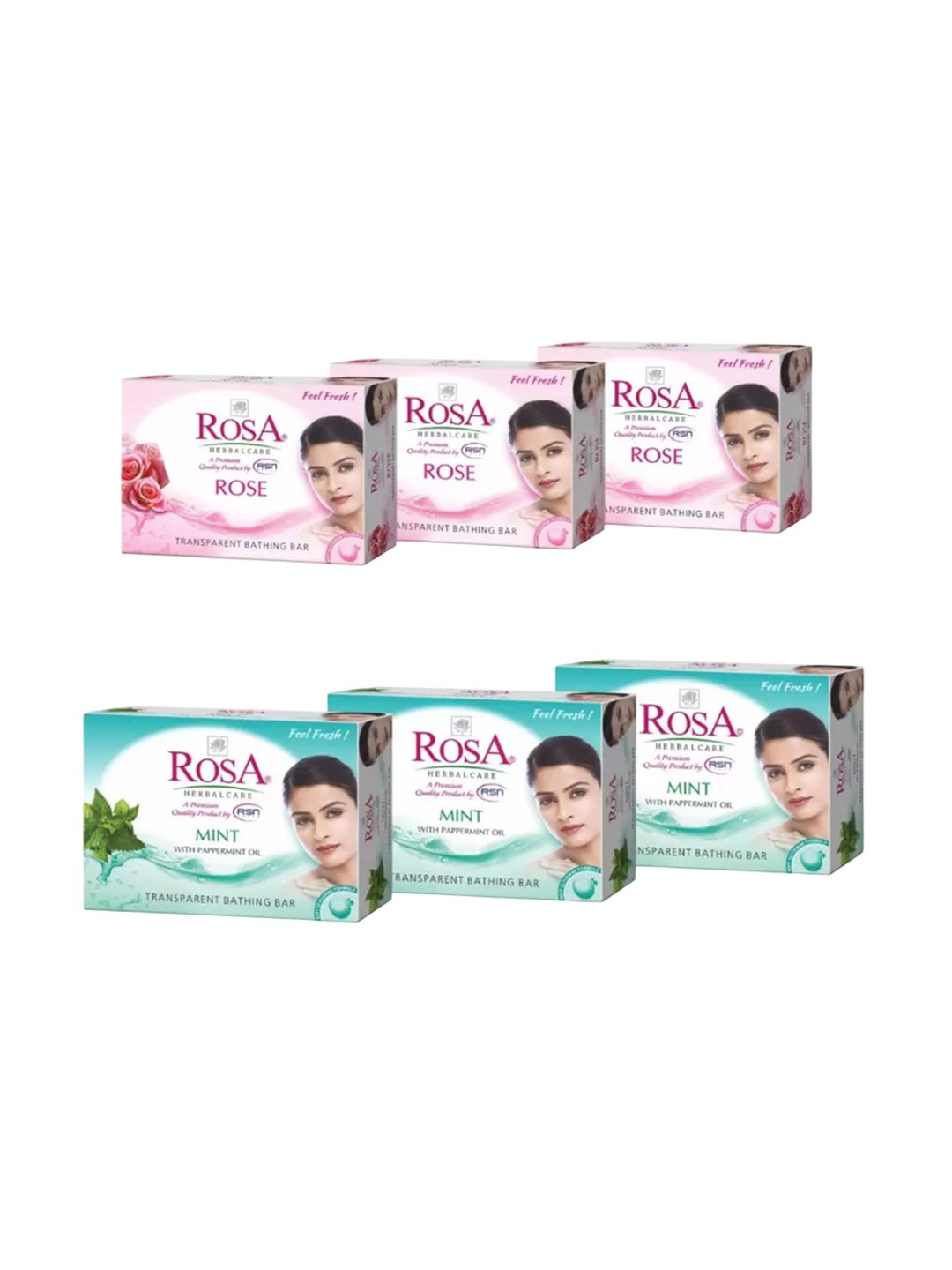 

ROSA Herbal Care Set Of 6 Rose & Mint Glycerin Soap With Vitamin & Glycerin- 100 g Each, Transparent