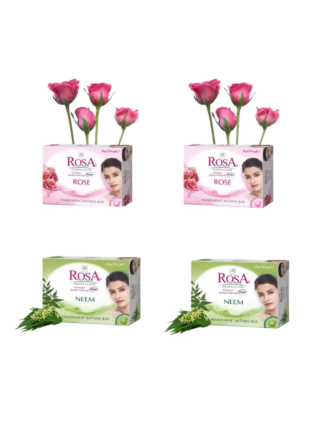 

ROSA Herbal Care Set Of 4 Rose & Neem Glycerin Soap To Combat Dryness - 100 g Each, Transparent