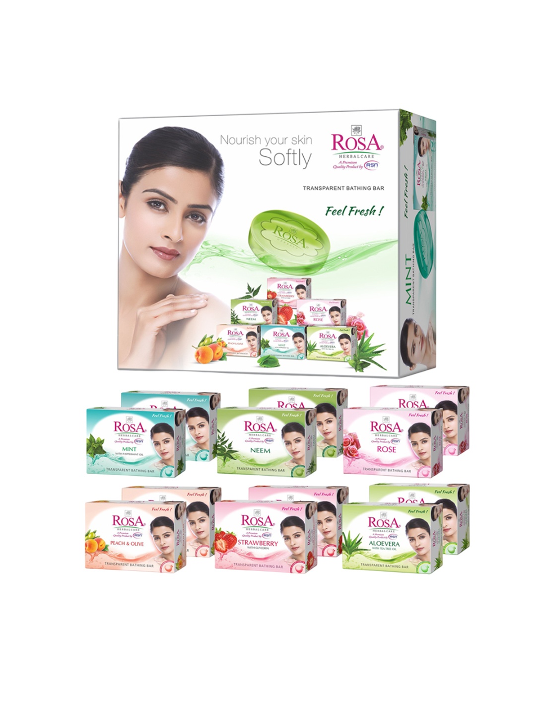

ROSA Set Of 12 Rose-Mint-Neem-Peach & Olive-Strawberry-Aloevera Bathing Bar - 100g Each, Multi