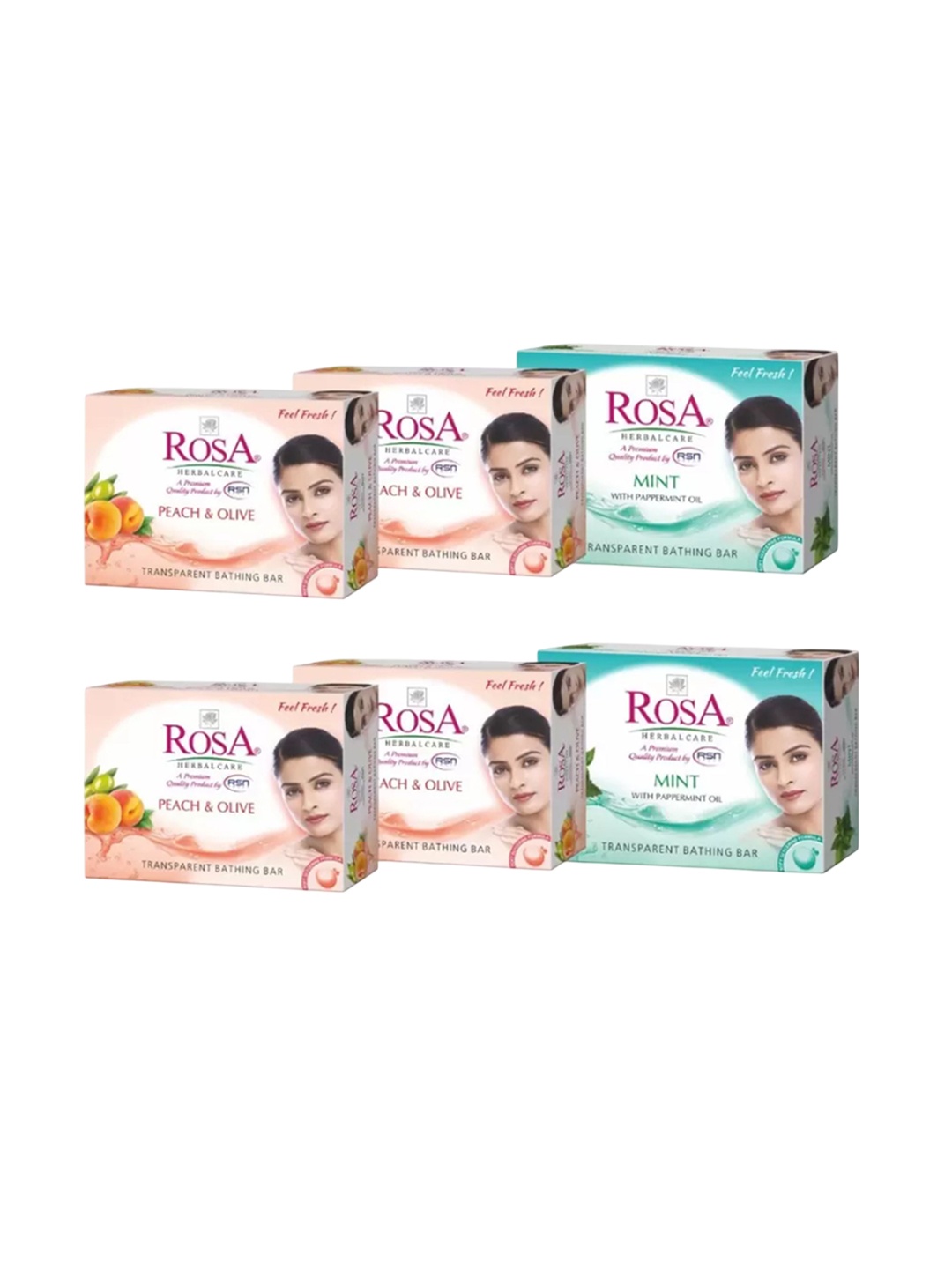 

ROSA Herbal Care Set Of 6 Peach & Olive & MInt Glycerin Gel Soap - 100 g Each, Transparent