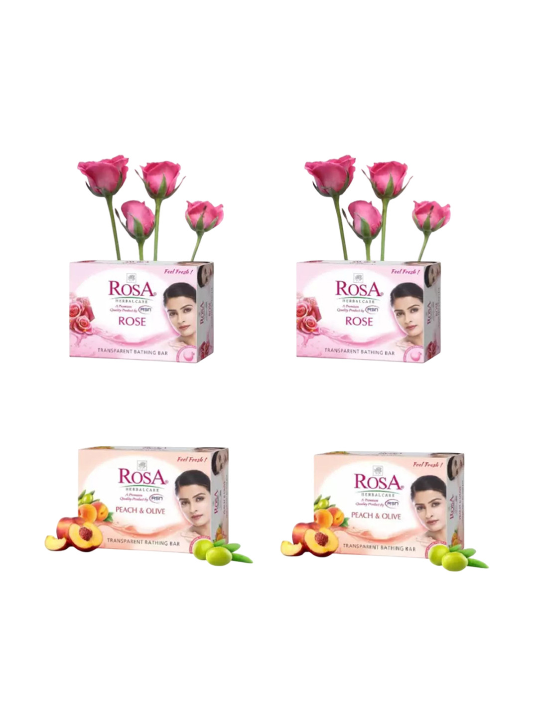 

ROSA Herbal Care Set Of 4 Rose & Peach & Olive Glycerin Soap - 100 g Each, Transparent