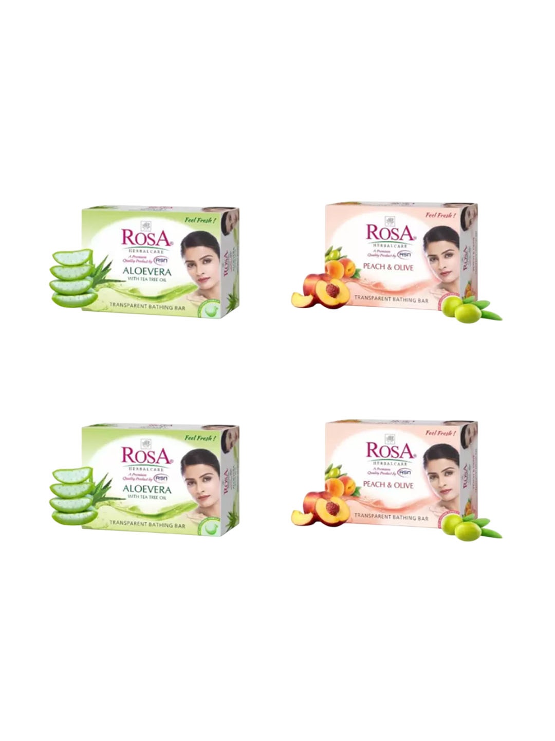 

ROSA Herbal Care Set Of 4 Peach & Olive & Aloevera Gel Soap - 100 g Each, Transparent