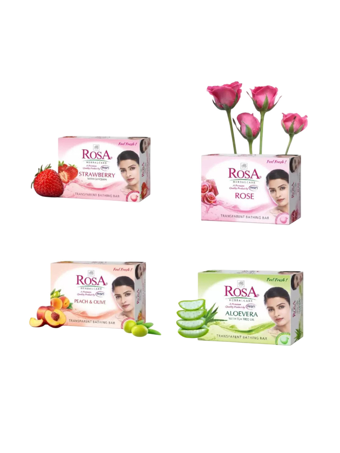 

ROSA Set of 4 Gel Nourishing Soap 100 g each - Rose + Strawberry + Peach-Olive + Aloevera, Pink