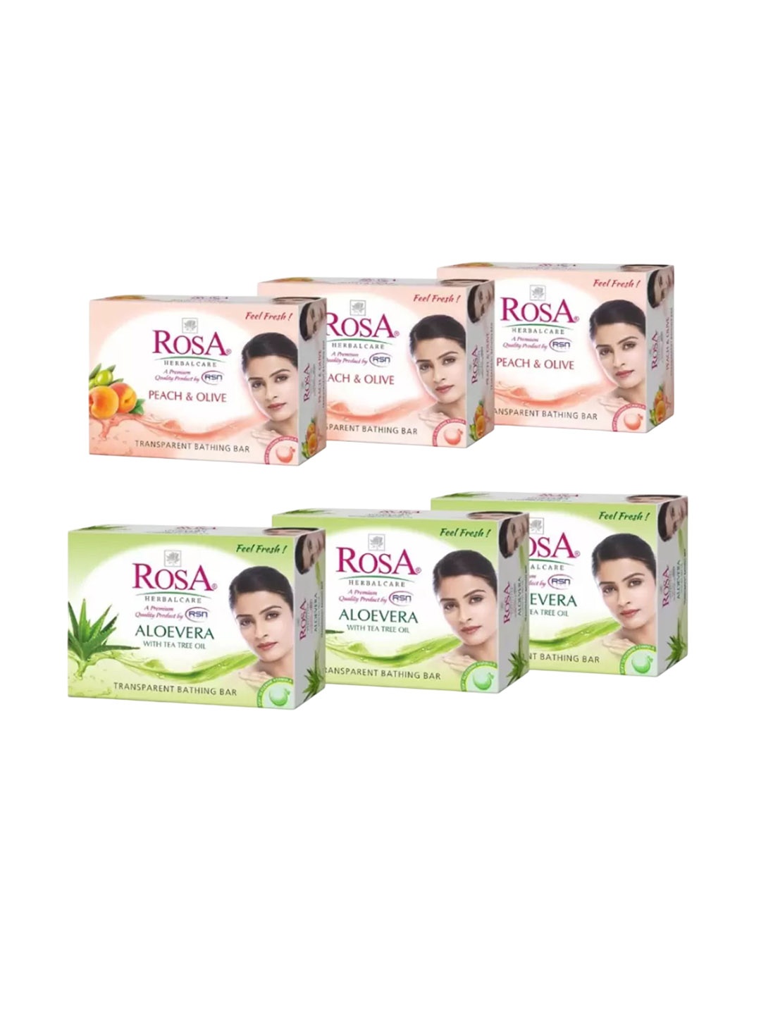 

ROSA Set of Transparent Gel Nourishing Soaps 100 g each - 3 Aloevera & 3 Peach-Olive, Sea green