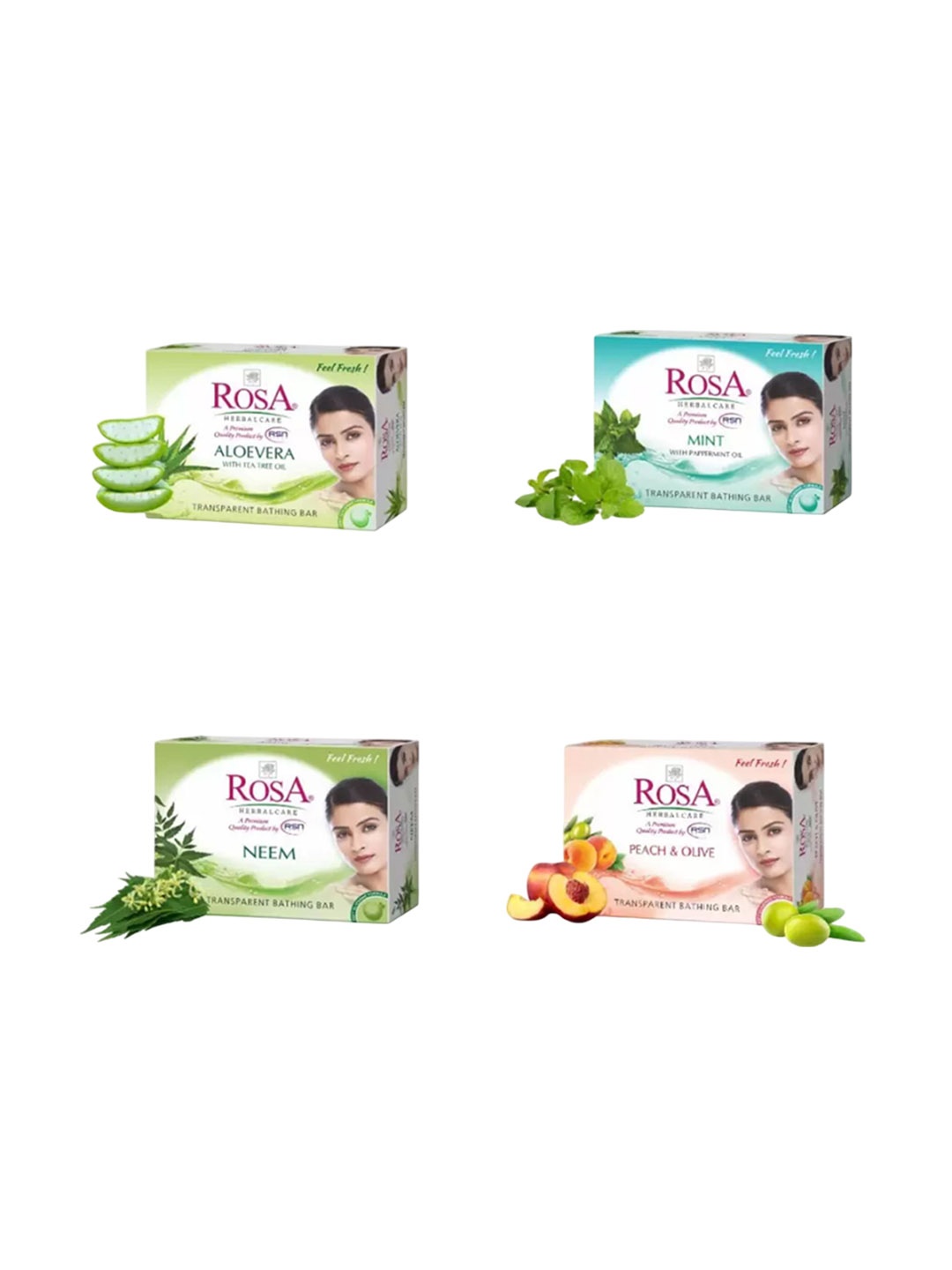 

ROSA Herbal Care Set Of 4 Peach & Olive - Mint - Neem & Aloevera Gel Soap - 100 g Each, Transparent