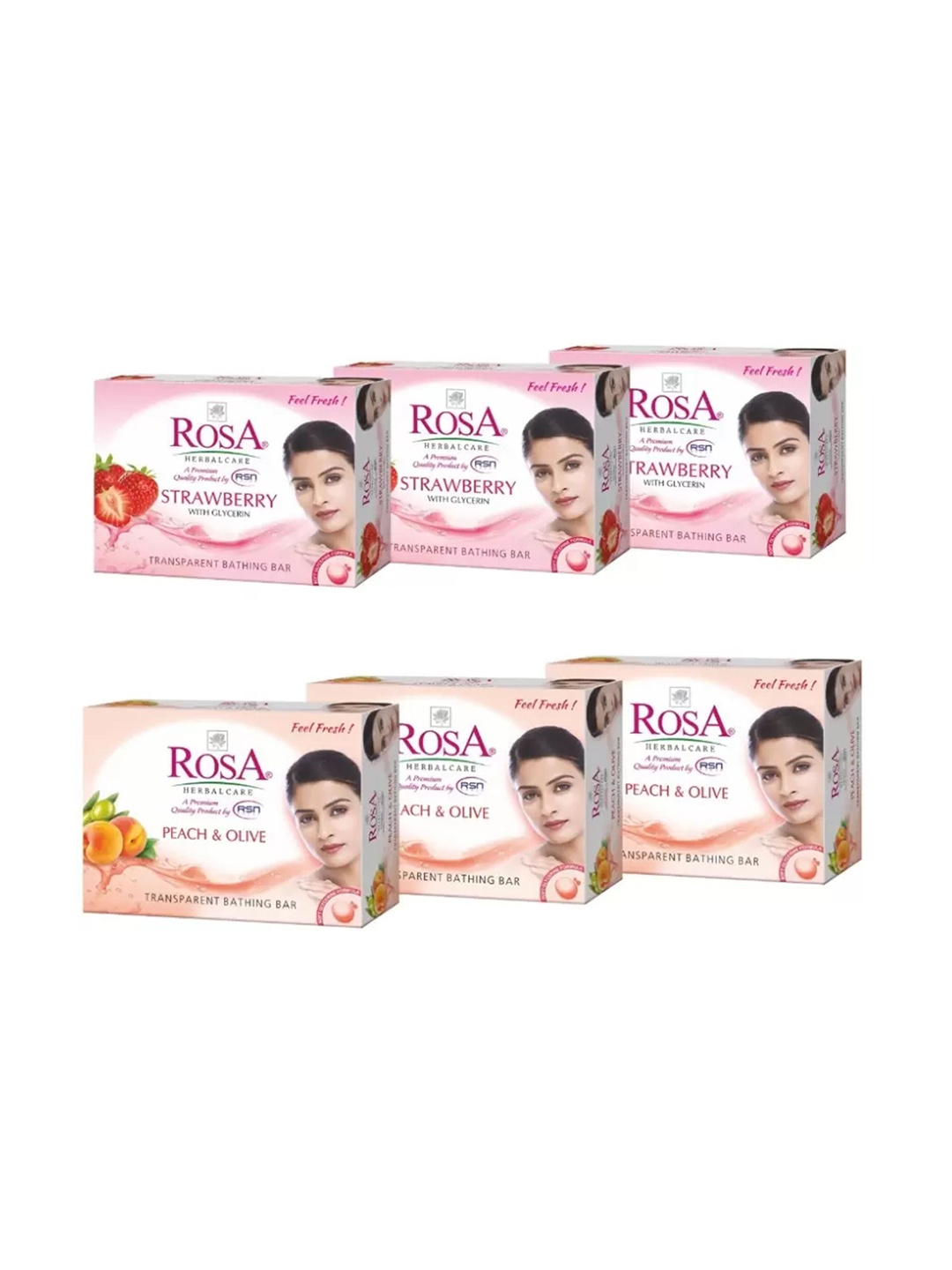 

ROSA Herbal Care Set Of 6 Strawberry - Peach & Olive Glycerin Soaps - 100 g Each, Transparent