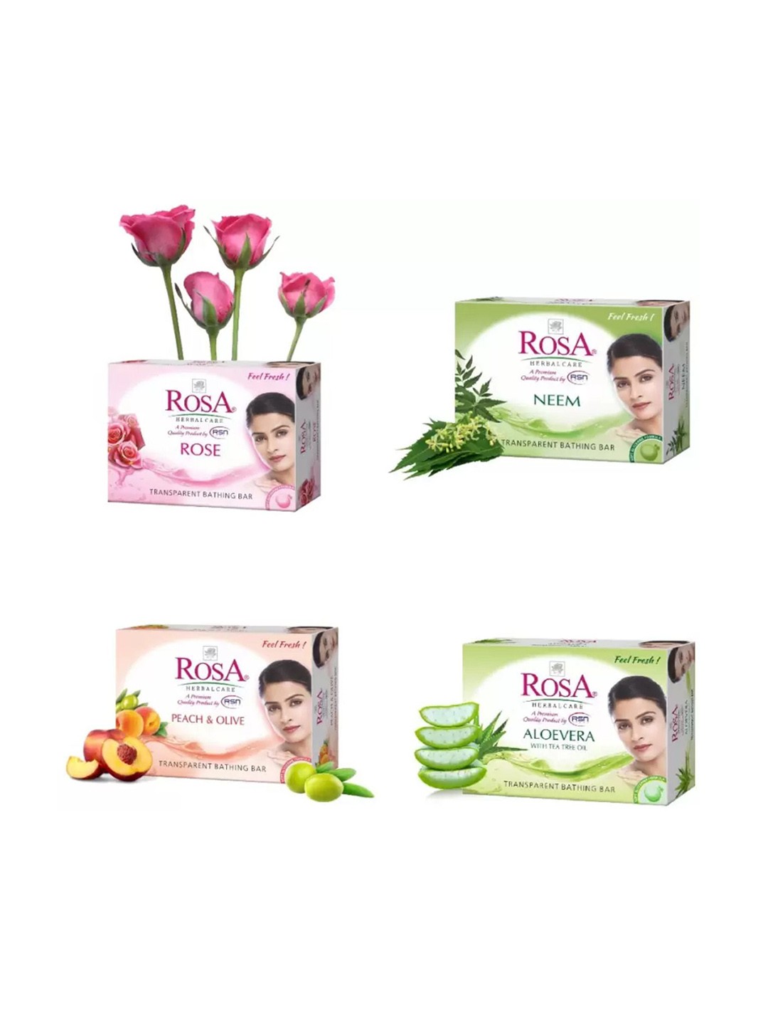 

ROSA Set of 4 Transparent Nourishing Soap 100g each - Rose + Aloevera + Neem + Peach-Olive, Green