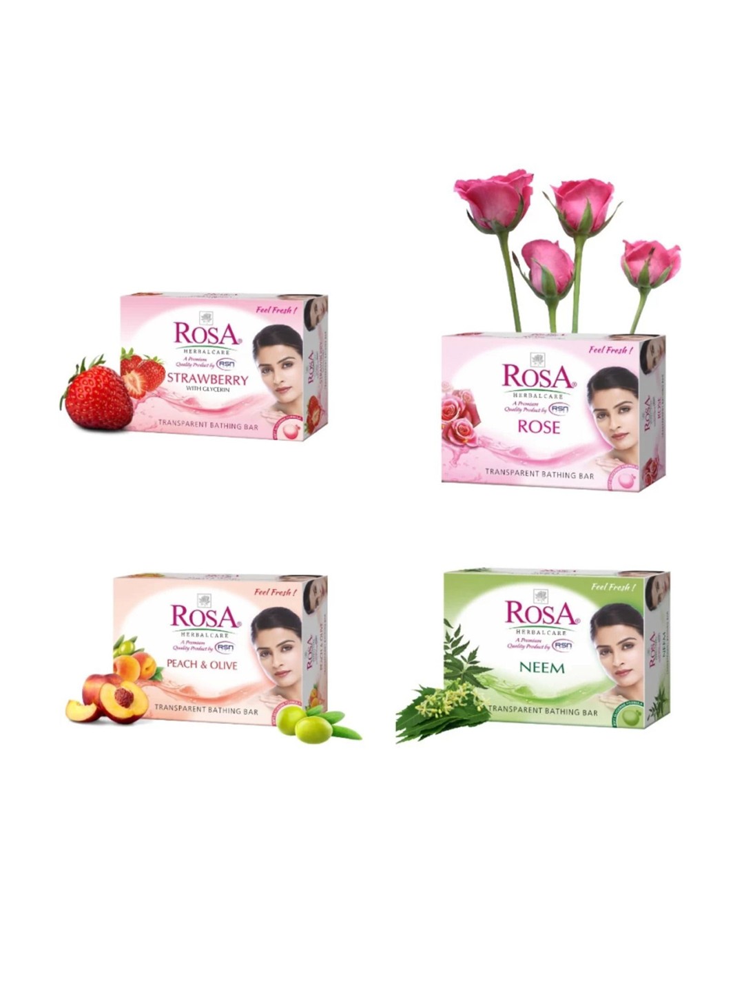 

ROSA Set Of 4 Transparent Rose- Strawberry- Neem- Peach & Olive Gel Soap- 100 g Each