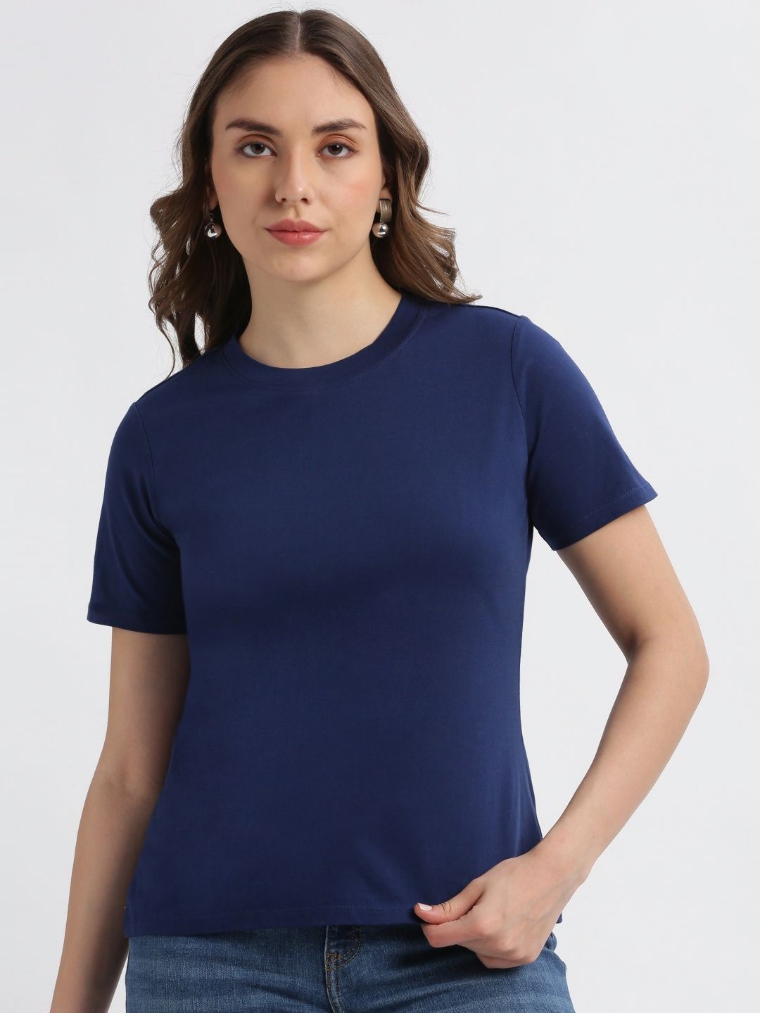 

Grit and Flair Women Solid Round Neck Cotton T-shirt, Navy blue
