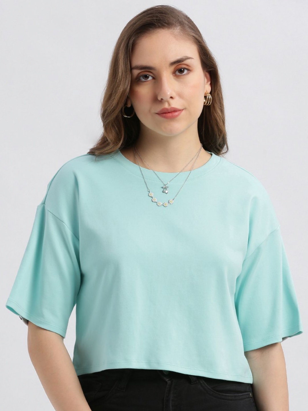 

Grit and Flair Women Typography Printed Round Neck Cotton T-shirt, Turquoise blue