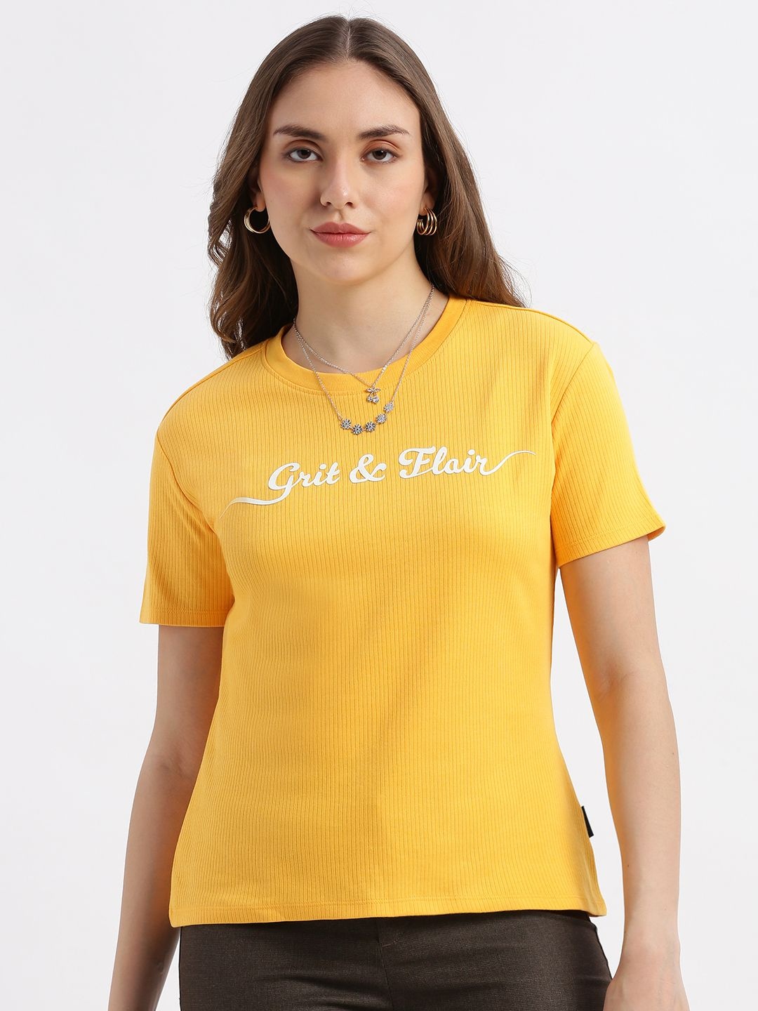 

Grit and Flair Women Graphic Printed Round Neck Cotton T-shirt, Yellow