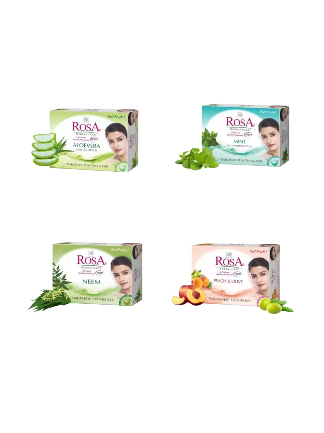 

ROSA Herbal Care Set Of 4 Aloevera - Mint - Neem & Peach & Olive Gel Soap - 100 g Each, Transparent