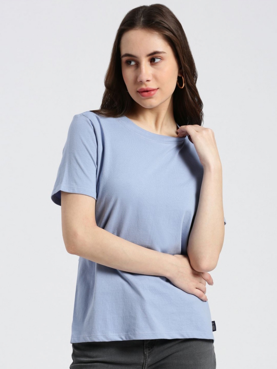 

Grit and Flair Women Solid Round Neck Cotton T-shirt, Blue