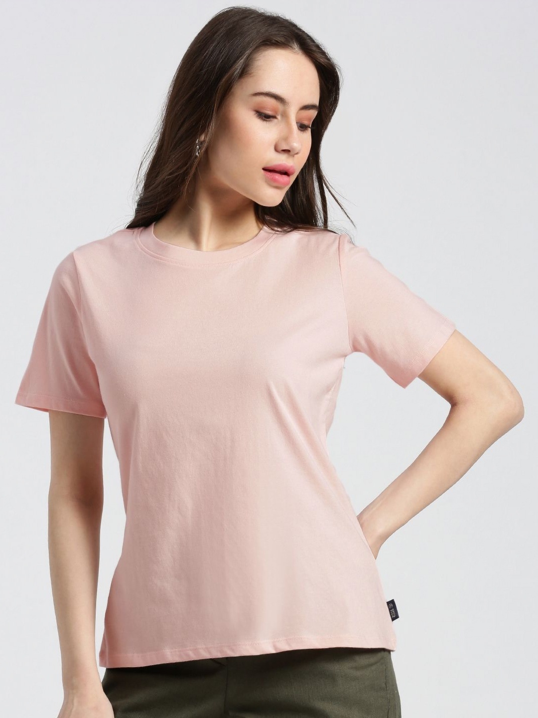

Grit and Flair Women Solid Round Neck Cotton T-shirt, Peach