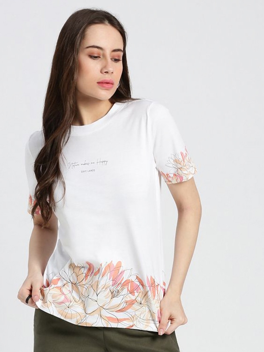 

Grit and Flair Women Floral Printed Round Neck Cotton Oversized T-shirt, White