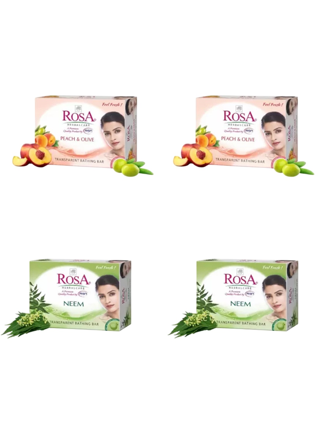 

ROSA Herbal Care Set Of 4 Peach & Olive & Neem Soap For Hydration & Nourishment- 100g Each, Transparent