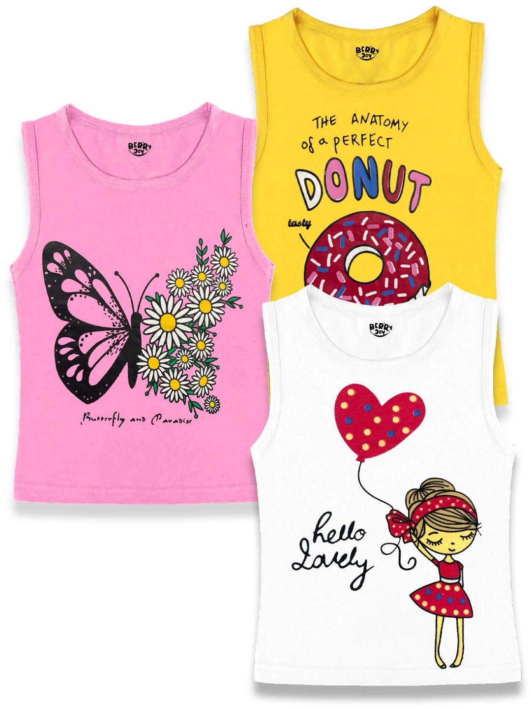 

BERRYJOY Girls Pack Of 3 Graphic Printed Round Neck Cotton T-shirts, Pink