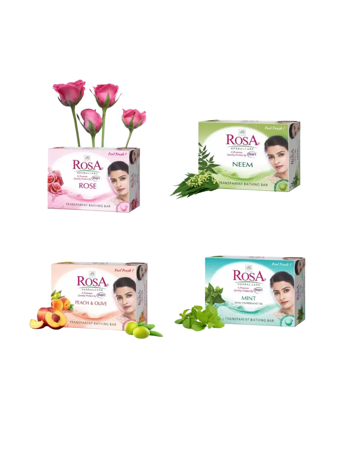 

ROSA Set of 4 Transparent Nourishing Soaps 100 g each - Rose + Mint + Neem + Peach-Olive, Multi