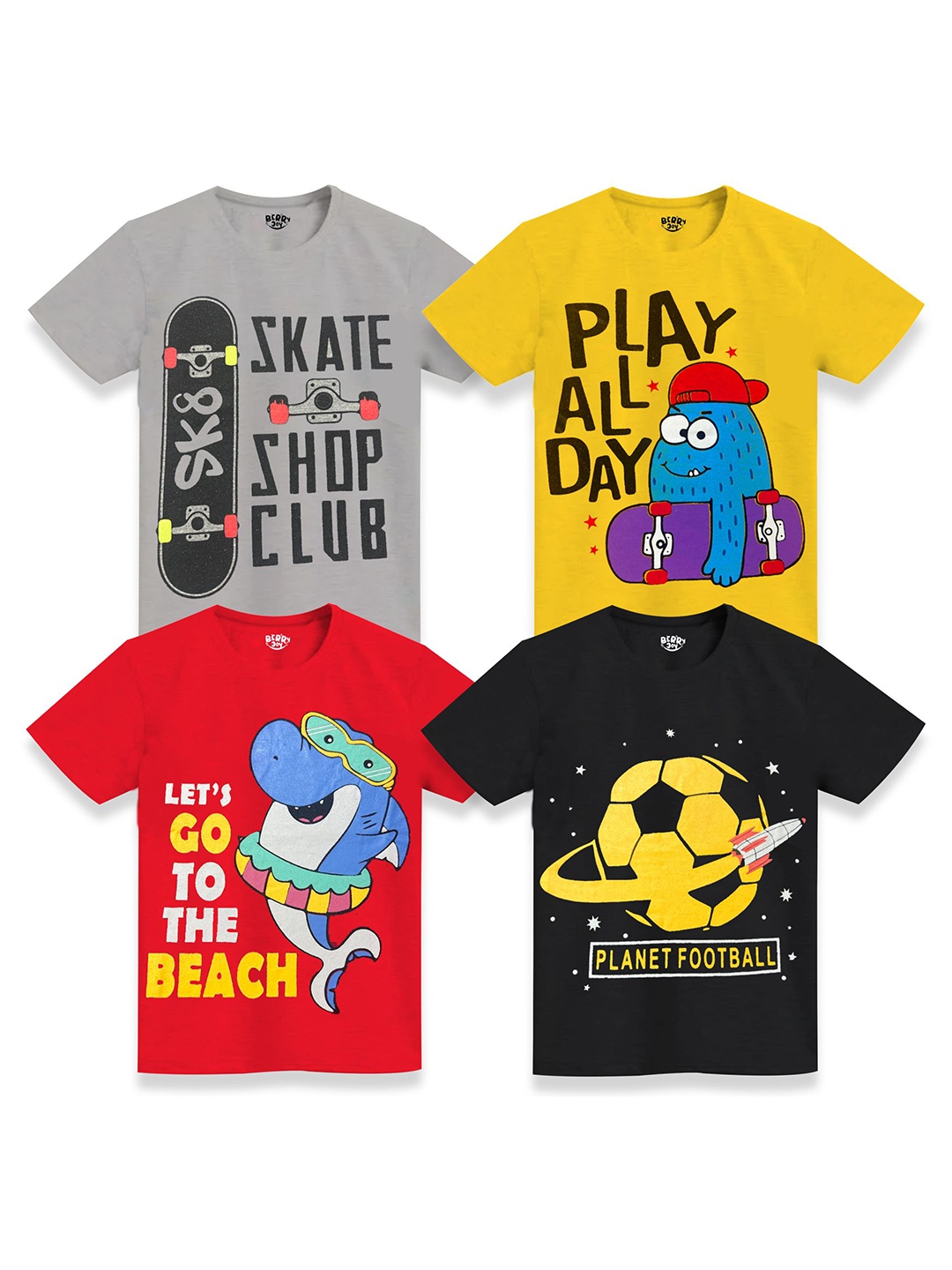 

BERRYJOY Boys Pack Of 4 Graphic Printed Round Neck Cotton T-shirts, Grey