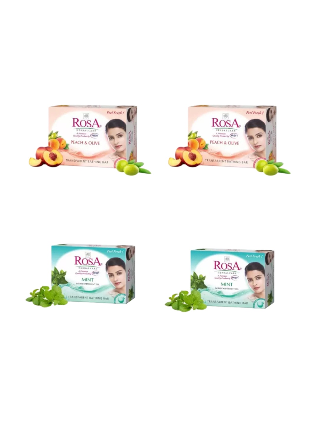 

ROSA Set of Transparent Gel Nourishing Soaps 100 g each - 2 Mint & 2 Peach-Olive, Orange