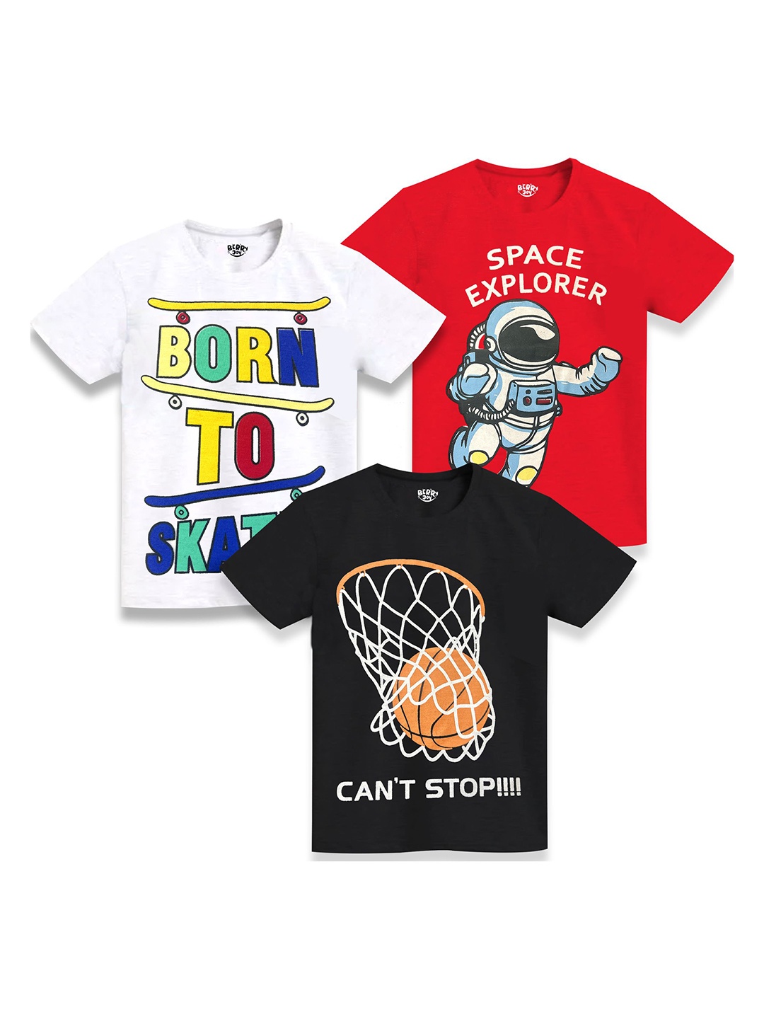 

BERRYJOY Boys Pack Of 3 Graphic Printed Round Neck Cotton T-shirts, White