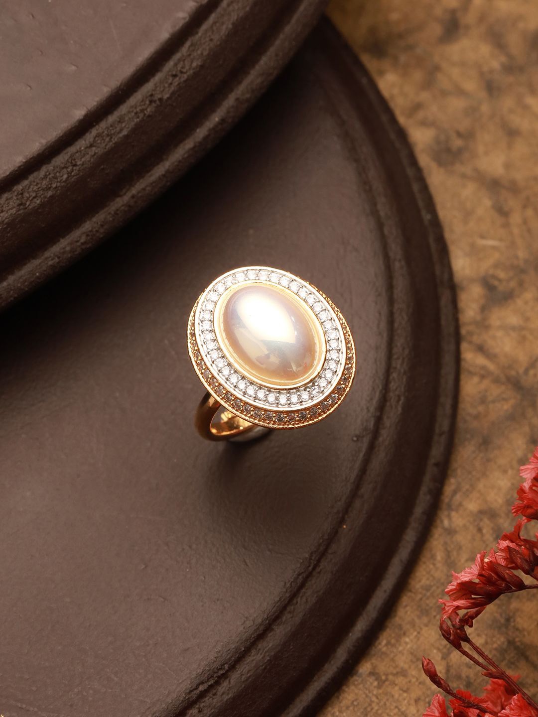 

Saraf RS Jewellery Pearl Studded Adjustable Finger Ring, Gold