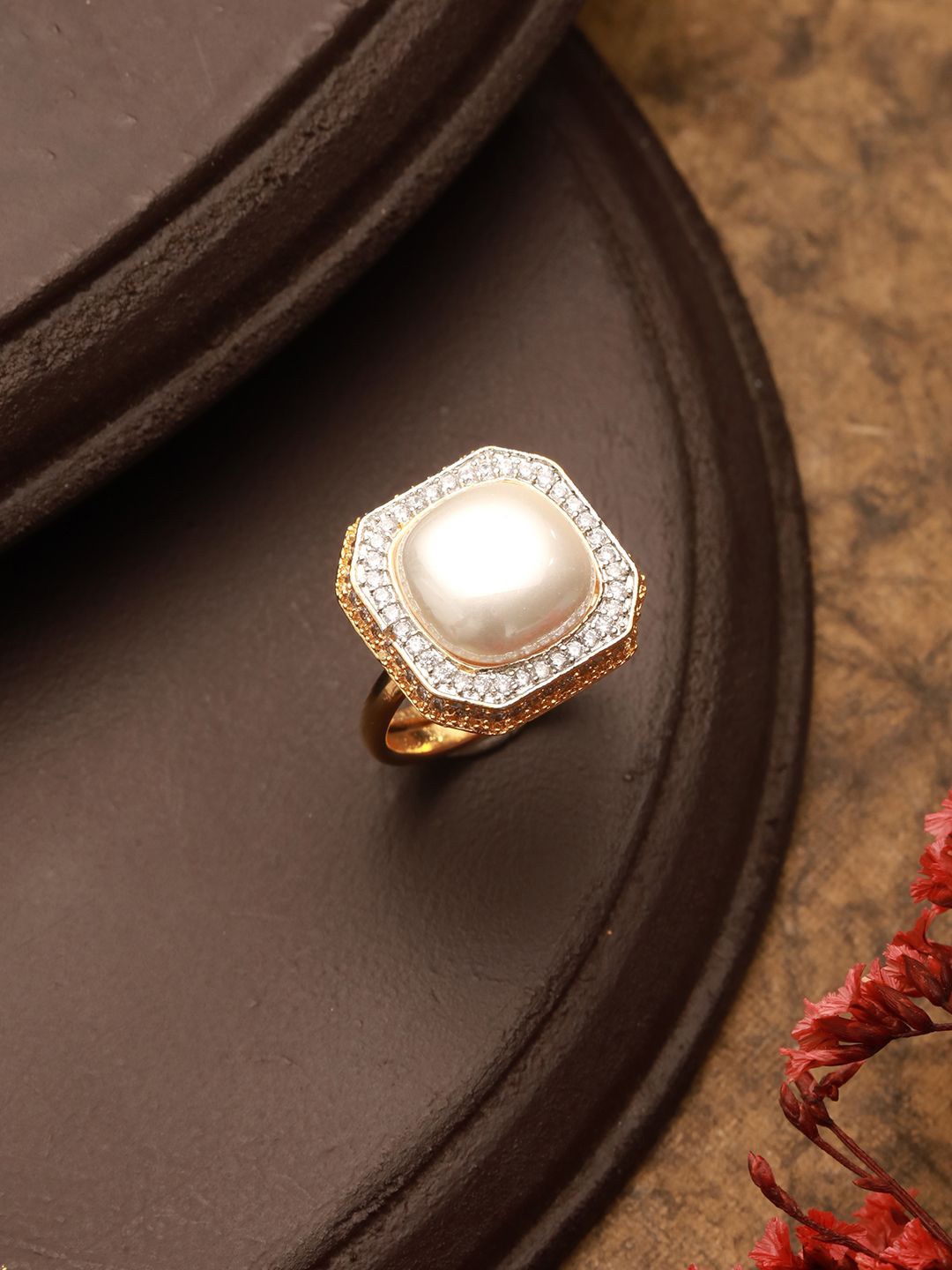 

Saraf RS Jewellery Pearl Studded Adjustable Finger Ring, Gold