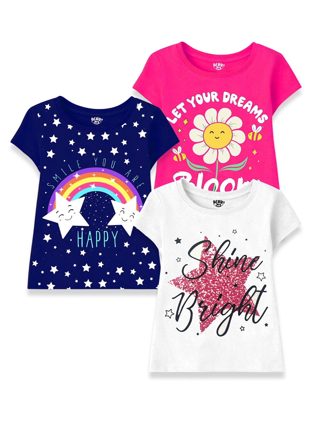 

BERRYJOY Girls Pack Of 3 Graphic Printed Round Neck Cotton T-shirts, Pink